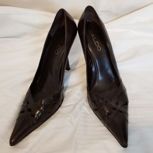 Dark brown leather high heels, pointed toe,Aldo